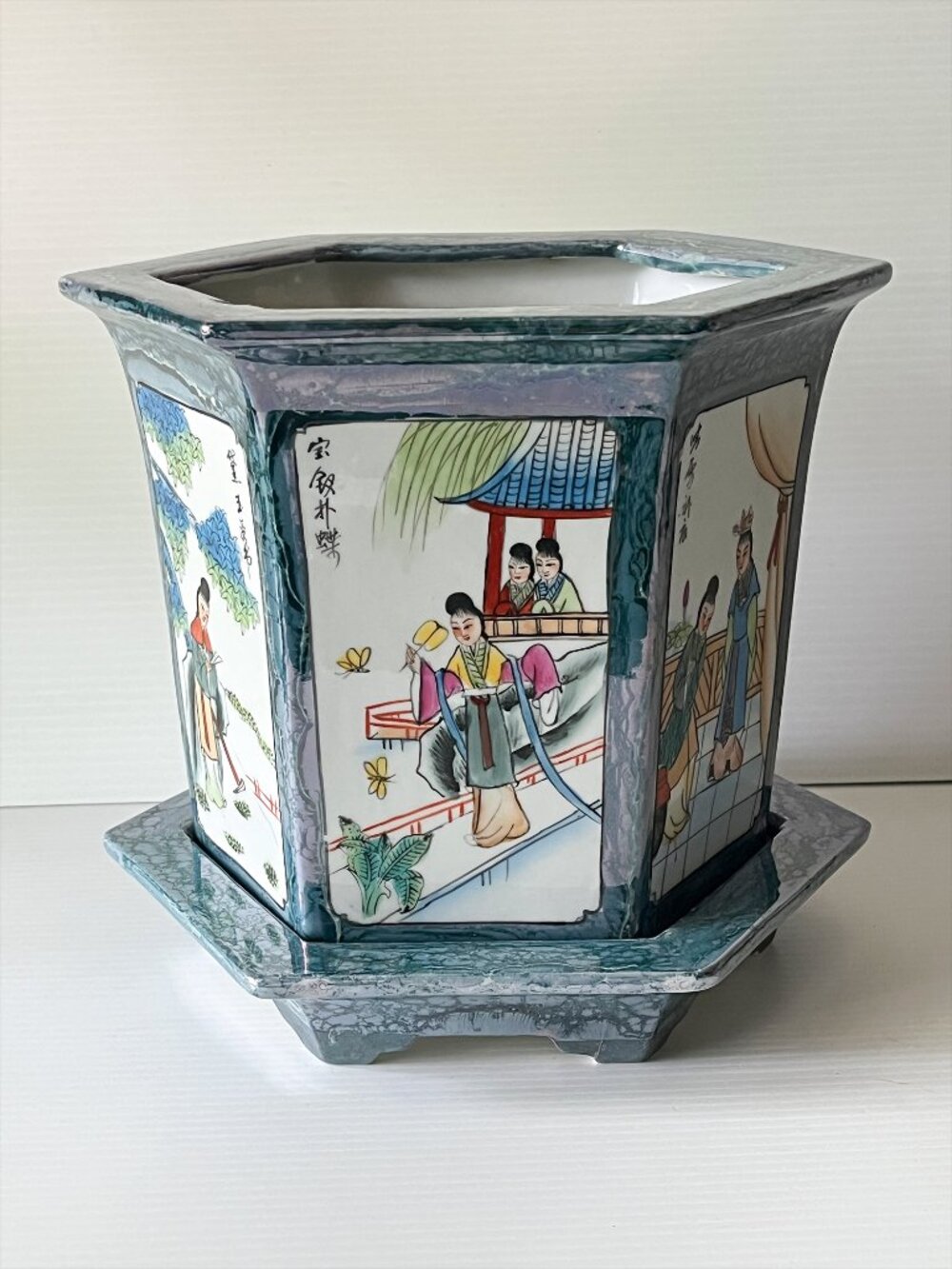 Vtg Chinese Porcelain Planter w/ Saucer Hand Painted Dream of the Red Chamber